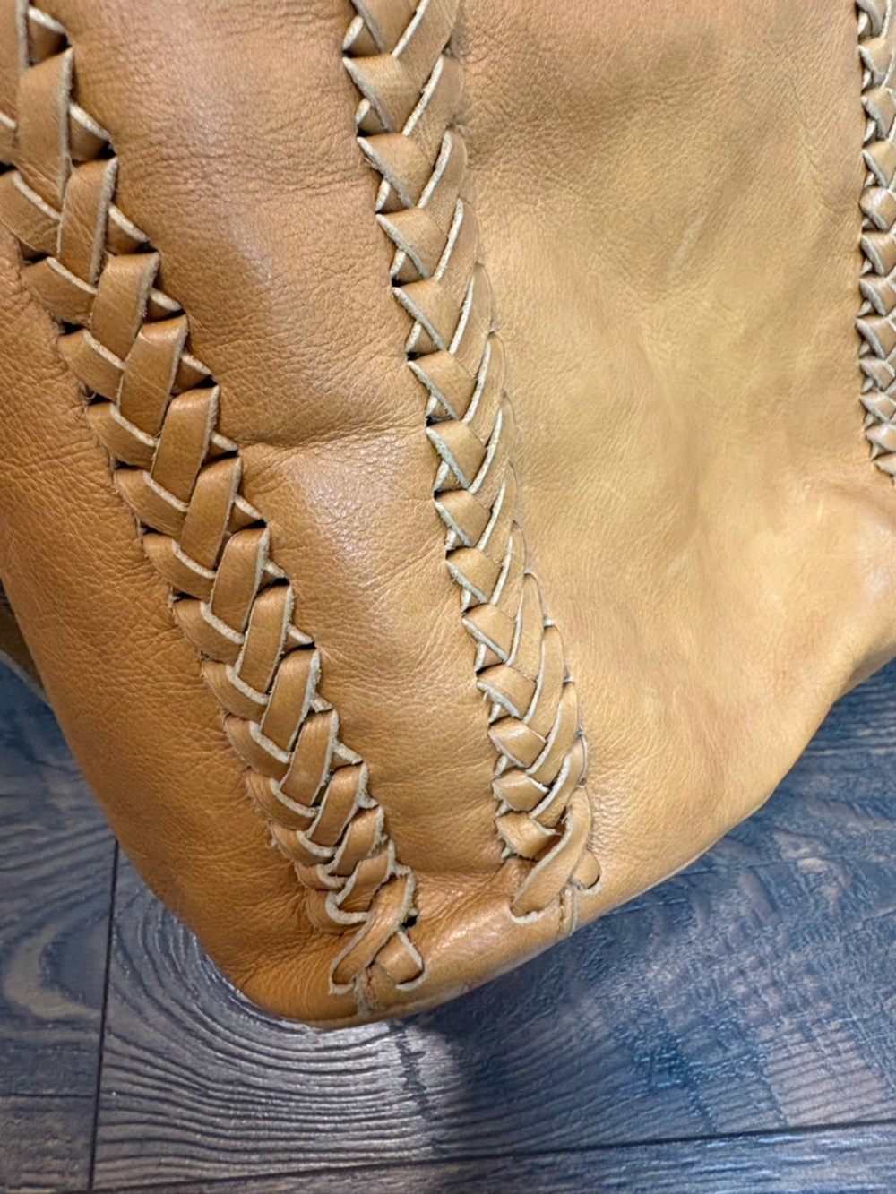 MUSS Tan Leather Convertible Backpack - Woven Detail Feather Tassel - Picture 6 of 6
